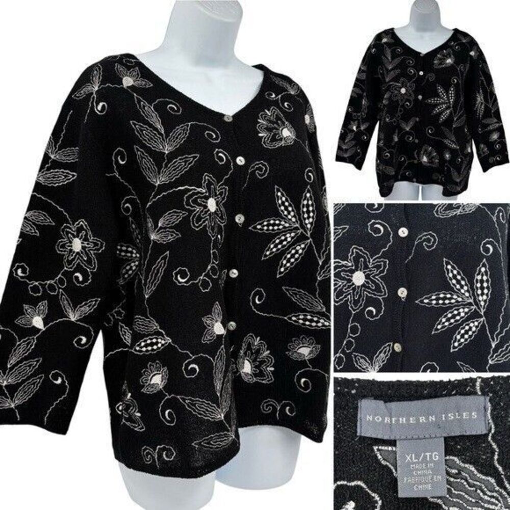 Northern Isles Black & White Embroidered Floral Cardigan Sweater XL